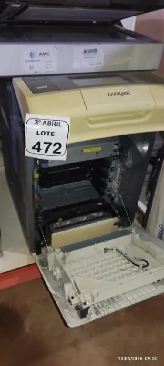 LOTE 472 - 01 IMPRESSORA MODELO X748DE MARCA LEXMARK. (NO ESTADO) ATENÇÃO! FAZER A VISITAÇÃO ANTES DE ARREMATAR, NÃO SABEMOS SE FUNCIONA, LEILÃO NÃO TEM GARANTIA E NEM DEVOLUÇÃO, SUJEITO A POSSÍVEIS AVARIAS VISÍVEIS/OCULTAS E/OU AUSÊNCIA DE COMPONENTES.