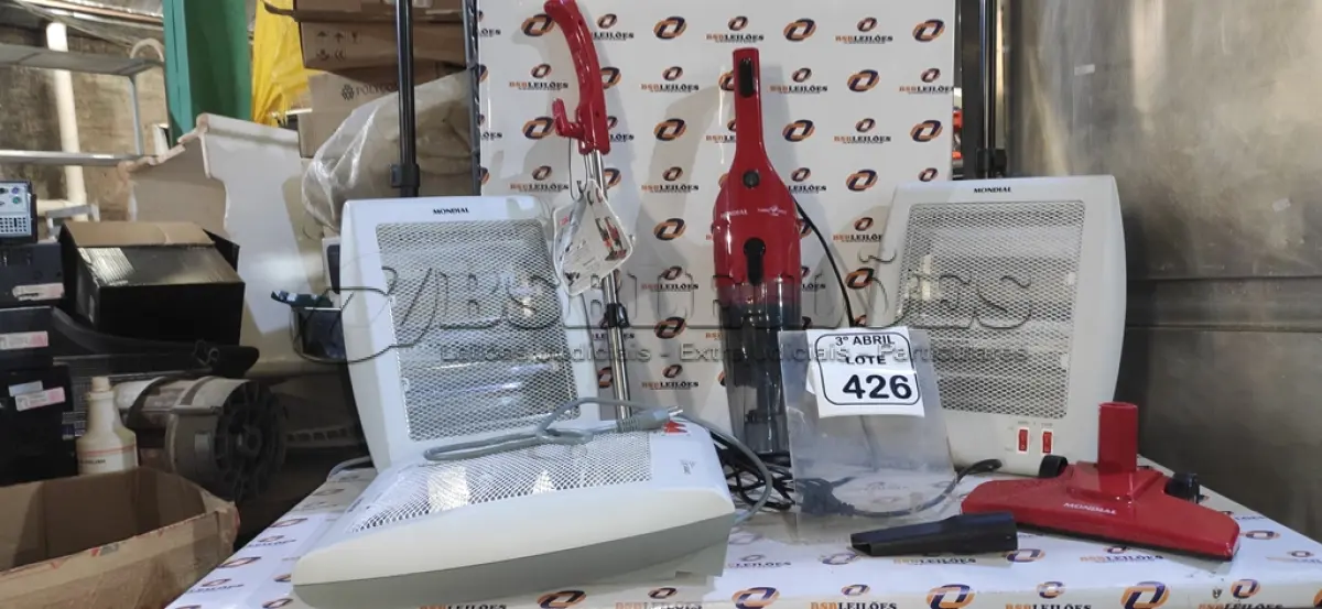 LOTE 426 - 03 AQUECEDORES MARCA MONDIAL E 01 ASPIRADOR DE PO MARCA MONDIAL. (NO ESTADO) ATENÇÃO! FAZER A VISITAÇÃO ANTES DE ARREMATAR, NÃO SABEMOS SE FUNCIONA, LEILÃO NÃO TEM GARANTIA E NEM DEVOLUÇÃO, SUJEITO A POSSÍVEIS AVARIAS VISÍVEIS/OCULTAS E/OU AUSÊNCIA DE COMPONENTES.