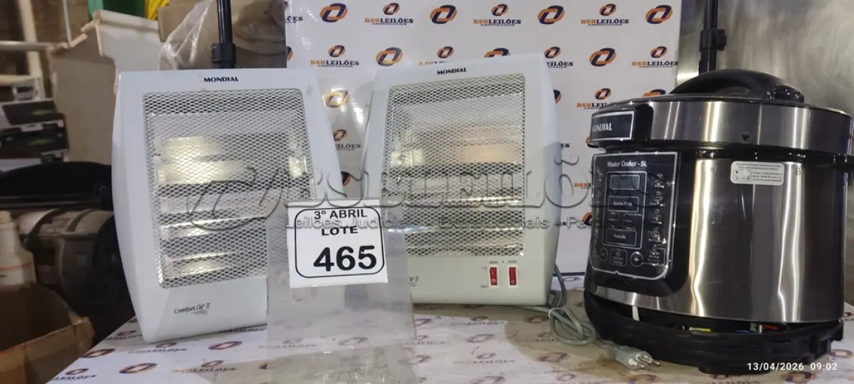 LOTE 465 - 01 PANELA ELÉTRICA COM PEQUENAS AVARIAS MARCA MONDIAL E 02 AQUECEDORES MARCA MONDIAL. (NO ESTADO) ATENÇÃO! FAZER A VISITAÇÃO ANTES DE ARREMATAR, NÃO SABEMOS SE FUNCIONA, LEILÃO NÃO TEM GARANTIA E NEM DEVOLUÇÃO, SUJEITO A POSSÍVEIS AVARIAS VISÍVEIS/OCULTAS E/OU AUSÊNCIA DE COMPONENTES.
