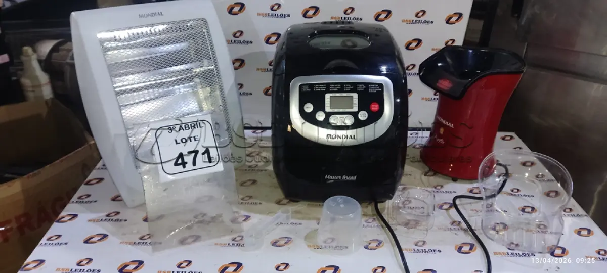 LOTE 471 - 01 MÁQUINA DE FAZER PÃO MARCA MONDIAL, 01 PIPOQUEIRA MARCA MONDIAL E 01 AQUECEDOR MARCA MONDIAL. (NO ESTADO) ATENÇÃO! FAZER A VISITAÇÃO ANTES DE ARREMATAR, NÃO SABEMOS SE FUNCIONA, LEILÃO NÃO TEM GARANTIA E NEM DEVOLUÇÃO, SUJEITO A POSSÍVEIS AVARIAS VISÍVEIS/OCULTAS E/OU AUSÊNCIA DE COMPONENTES.