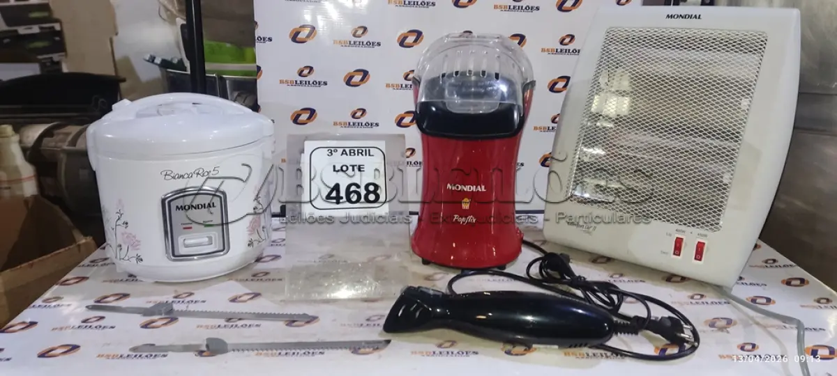 LOTE 468 - 01 PIPOQUEIRA MARCA MONDIAL 01 PANELA ELÉTRICA E 01 AQUECEDOR MARCA MONDIAL. (NO ESTADO) ATENÇÃO! FAZER A VISITAÇÃO ANTES DE ARREMATAR, NÃO SABEMOS SE FUNCIONA, LEILÃO NÃO TEM GARANTIA E NEM DEVOLUÇÃO, SUJEITO A POSSÍVEIS AVARIAS VISÍVEIS/OCULTAS E/OU AUSÊNCIA DE COMPONENTES.