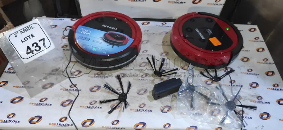 LOTE 437 - 02 ASPIRADORES ROBÔS MARCA MONDIAL. (NO ESTADO) ATENÇÃO! FAZER A VISITAÇÃO ANTES DE ARREMATAR, NÃO SABEMOS SE FUNCIONA, LEILÃO NÃO TEM GARANTIA E NEM DEVOLUÇÃO, SUJEITO A POSSÍVEIS AVARIAS VISÍVEIS/OCULTAS E/OU AUSÊNCIA DE COMPONENTES.