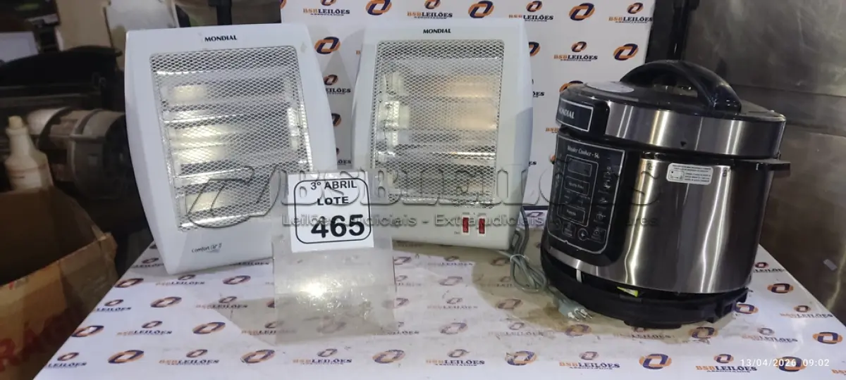 LOTE 465 - 01 PANELA ELÉTRICA COM PEQUENAS AVARIAS MARCA MONDIAL E 02 AQUECEDORES MARCA MONDIAL. (NO ESTADO) ATENÇÃO! FAZER A VISITAÇÃO ANTES DE ARREMATAR, NÃO SABEMOS SE FUNCIONA, LEILÃO NÃO TEM GARANTIA E NEM DEVOLUÇÃO, SUJEITO A POSSÍVEIS AVARIAS VISÍVEIS/OCULTAS E/OU AUSÊNCIA DE COMPONENTES.