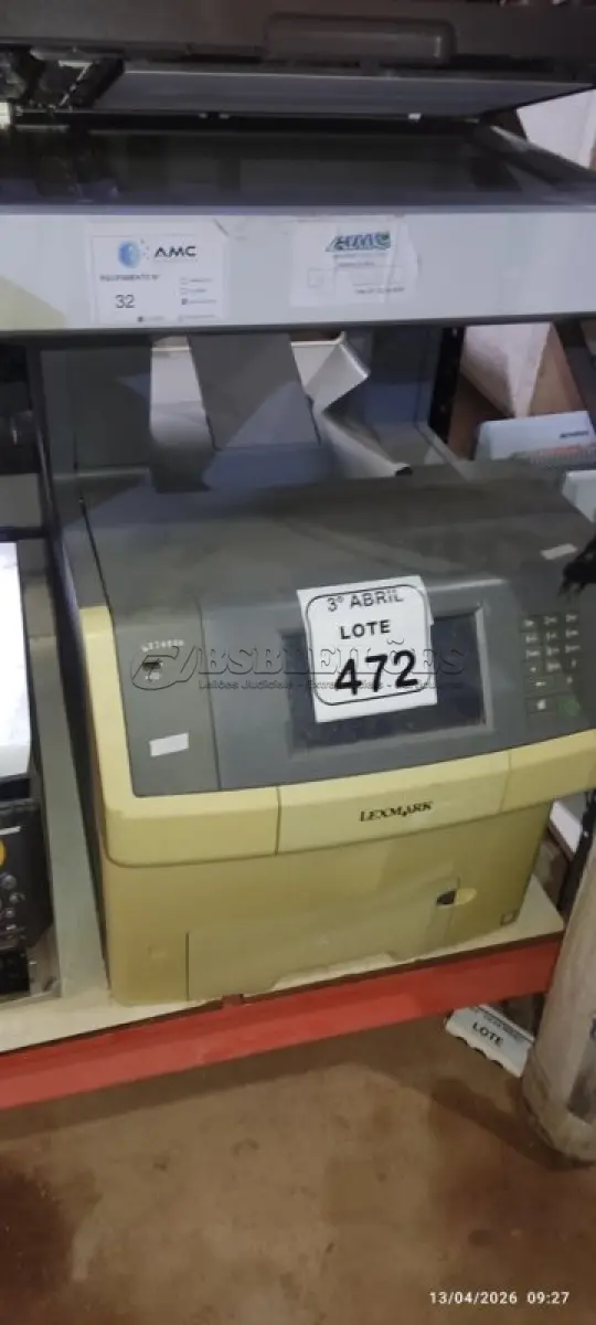 LOTE 472 - 01 IMPRESSORA MODELO X748DE MARCA LEXMARK. (NO ESTADO) ATENÇÃO! FAZER A VISITAÇÃO ANTES DE ARREMATAR, NÃO SABEMOS SE FUNCIONA, LEILÃO NÃO TEM GARANTIA E NEM DEVOLUÇÃO, SUJEITO A POSSÍVEIS AVARIAS VISÍVEIS/OCULTAS E/OU AUSÊNCIA DE COMPONENTES.