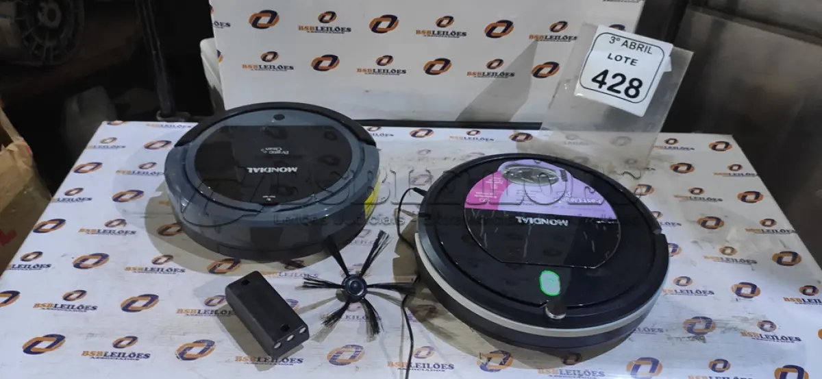 LOTE 428 - 02 ASPIRADORES ROBÔS MARCA MONDIAL. (NO ESTADO) ATENÇÃO! FAZER A VISITAÇÃO ANTES DE ARREMATAR, NÃO SABEMOS SE FUNCIONA, LEILÃO NÃO TEM GARANTIA E NEM DEVOLUÇÃO, SUJEITO A POSSÍVEIS AVARIAS VISÍVEIS/OCULTAS E/OU AUSÊNCIA DE COMPONENTES.