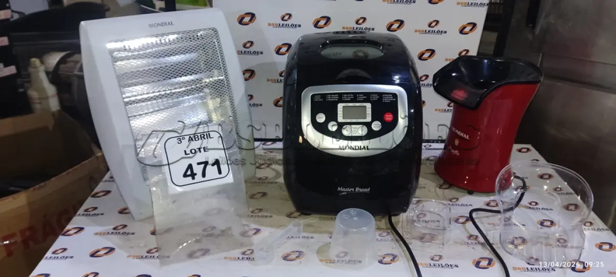LOTE 471 - 01 MÁQUINA DE FAZER PÃO MARCA MONDIAL, 01 PIPOQUEIRA MARCA MONDIAL E 01 AQUECEDOR MARCA MONDIAL. (NO ESTADO) ATENÇÃO! FAZER A VISITAÇÃO ANTES DE ARREMATAR, NÃO SABEMOS SE FUNCIONA, LEILÃO NÃO TEM GARANTIA E NEM DEVOLUÇÃO, SUJEITO A POSSÍVEIS AVARIAS VISÍVEIS/OCULTAS E/OU AUSÊNCIA DE COMPONENTES.