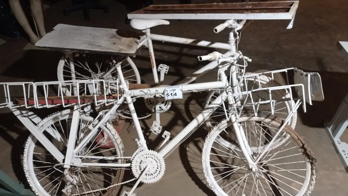 LOTE 514 - 02 BICICLETAS BRANCAS PARA ESCULTURAS. (NO ESTADO) ATENÇÃO! FAZER A VISITAÇÃO ANTES DE ARREMATAR, NÃO SABEMOS SE FUNCIONA, LEILÃO NÃO TEM GARANTIA E NEM DEVOLUÇÃO, SUJEITO A POSSÍVEIS AVARIAS VISÍVEIS/OCULTAS E/OU AUSÊNCIA DE COMPONENTES.