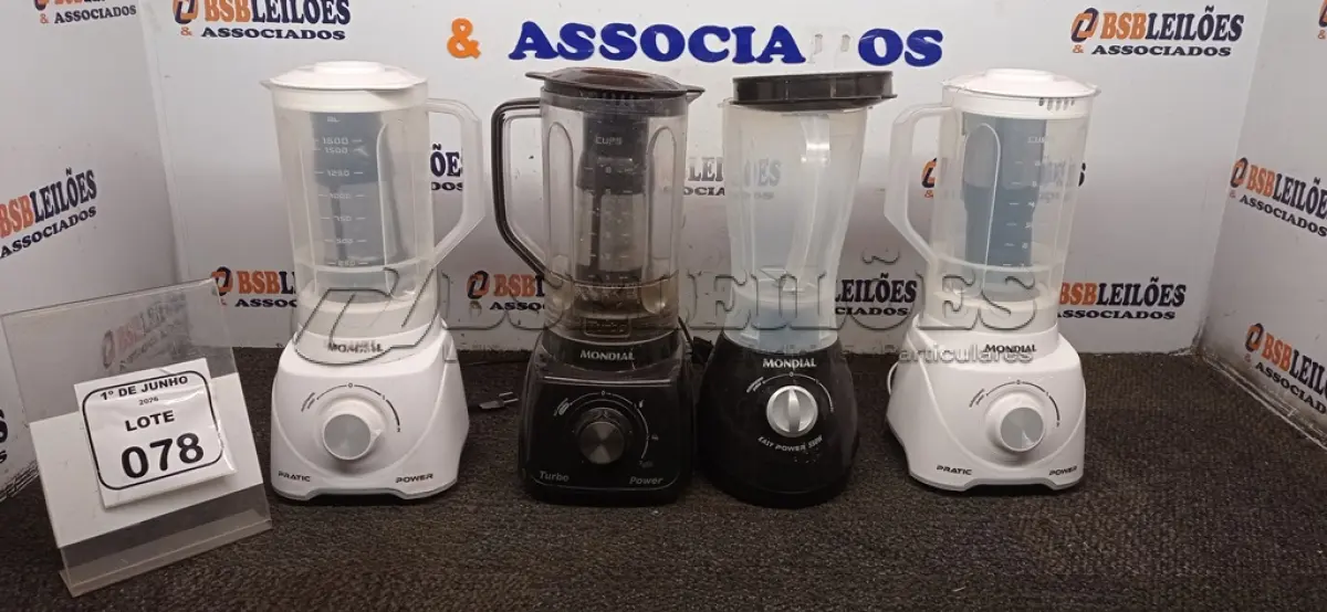 LOTE 078 - 04 LIQUIDIFICADORES DE MODELOS DIVERSOS MARCA MONDIAL. (NO ESTADO) ATENÇÃO! FAZER A VISITAÇÃO ANTES DE ARREMATAR, NÃO SABEMOS SE FUNCIONA, LEILÃO NÃO TEM GARANTIA E NEM DEVOLUÇÃO, SUJEITO A POSSÍVEIS AVARIAS VISÍVEIS/OCULTAS E/OU AUSÊNCIA DE COMPONENTES.