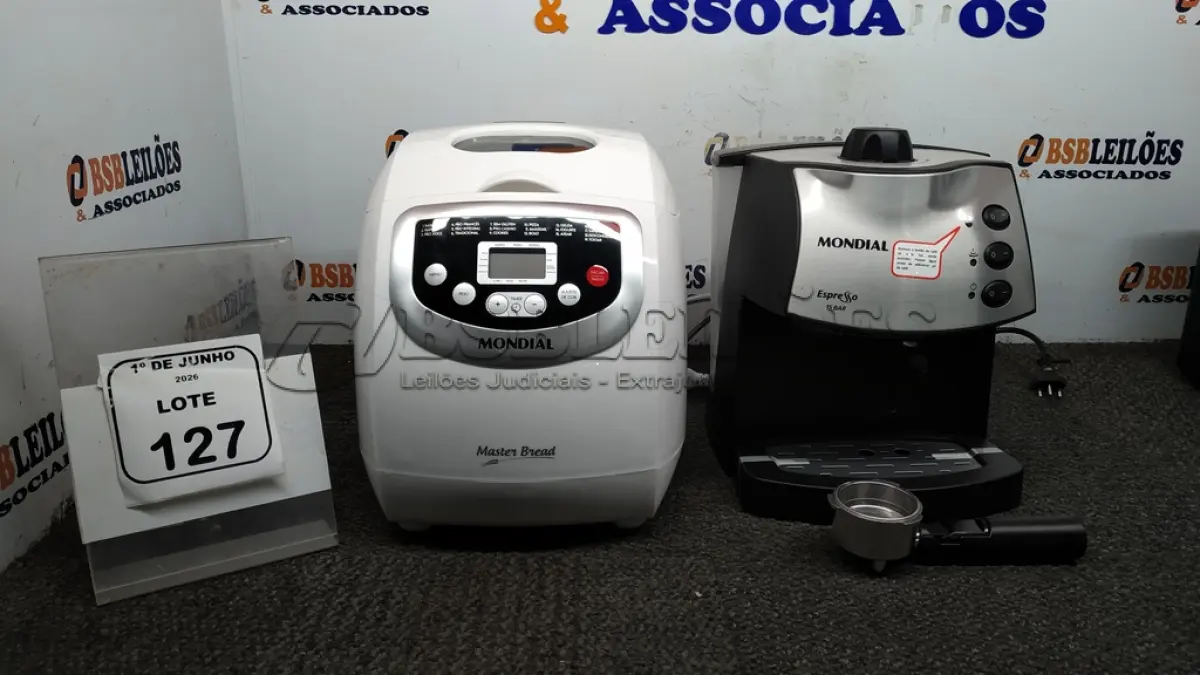 LOTE 127 - 01 PANIFICADORA MODELO MASTER BREAD 220V MARCA MONDIAL E 01 MÁQUINA DE CAFÉ EXPRESSO 220V MARCA MONDIAL. (NO ESTADO) ATENÇÃO! FAZER A VISITAÇÃO ANTES DE ARREMATAR, NÃO SABEMOS SE FUNCIONA, LEILÃO NÃO TEM GARANTIA E NEM DEVOLUÇÃO, SUJEITO A POSSÍVEIS AVARIAS VISÍVEIS/OCULTAS E/OU AUSÊNCIA DE COMPONENTES.