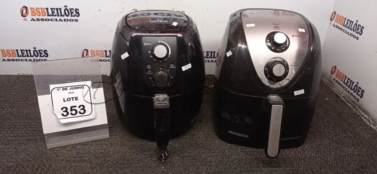 LOTE 353 - 02 AIR FRYERS 220V MARCA MONDIAL. (NO ESTADO) ATENÇÃO! FAZER A VISITAÇÃO ANTES DE ARREMATAR, NÃO SABEMOS SE FUNCIONA, LEILÃO NÃO TEM GARANTIA E NEM DEVOLUÇÃO, SUJEITO A POSSÍVEIS AVARIAS VISÍVEIS/OCULTAS E/OU AUSÊNCIA DE COMPONENTES.
