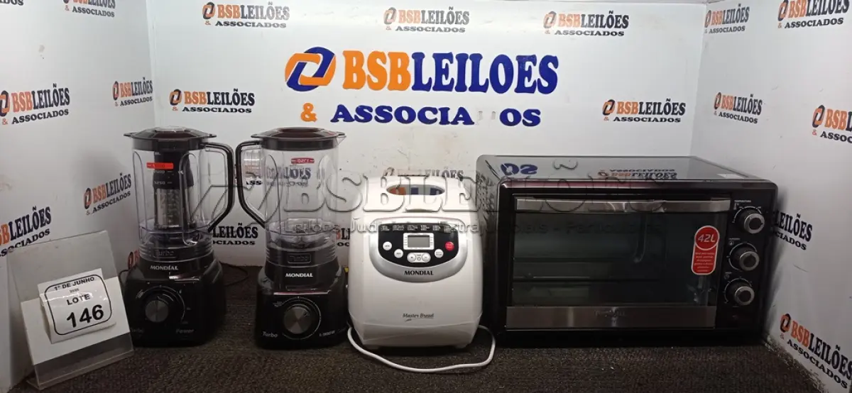 LOTE 146 - 01 FORNO 220V 42L MARCA MONDIAL, 01 PANIFICADORA MODELO MASTER BREAD MARCA MONDIAL E 02 LIQUIDIFICADORES 220V MARCA MONDIAL. (NO ESTADO) ATENÇÃO! FAZER A VISITAÇÃO ANTES DE ARREMATAR, NÃO SABEMOS SE FUNCIONA, LEILÃO NÃO TEM GARANTIA E NEM DEVOLUÇÃO, SUJEITO A POSSÍVEIS AVARIAS VISÍVEIS/OCULTAS E/OU AUSÊNCIA DE COMPONENTES.