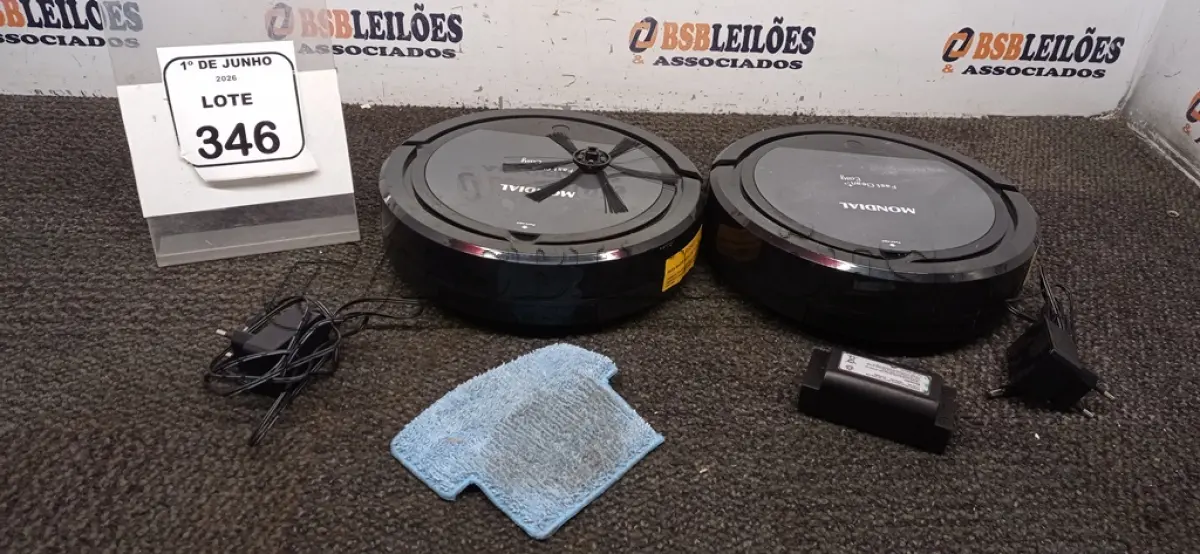 LOTE 346 - 02 ASPIRADORES ROBÔ MARCA MONDIAL. (NO ESTADO) ATENÇÃO! FAZER A VISITAÇÃO ANTES DE ARREMATAR, NÃO SABEMOS SE FUNCIONA, LEILÃO NÃO TEM GARANTIA E NEM DEVOLUÇÃO, SUJEITO A POSSÍVEIS AVARIAS VISÍVEIS/OCULTAS E/OU AUSÊNCIA DE COMPONENTES.