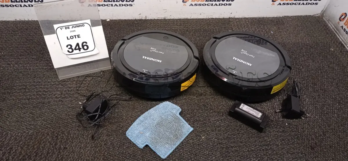 LOTE 346 - 02 ASPIRADORES ROBÔ MARCA MONDIAL. (NO ESTADO) ATENÇÃO! FAZER A VISITAÇÃO ANTES DE ARREMATAR, NÃO SABEMOS SE FUNCIONA, LEILÃO NÃO TEM GARANTIA E NEM DEVOLUÇÃO, SUJEITO A POSSÍVEIS AVARIAS VISÍVEIS/OCULTAS E/OU AUSÊNCIA DE COMPONENTES.