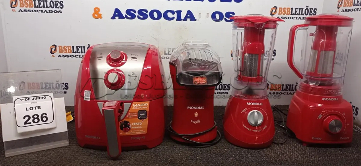 LOTE 286 - 01 AIR FRYER DE 4L 220V MARCA MONDIAL, 01 PIPOQUEIRA 220V MARCA MONDIAL E 02 LIQUIDIFICADORES 220V MARCA MONDIAL. (NO ESTADO) ATENÇÃO! FAZER A VISITAÇÃO ANTES DE ARREMATAR, NÃO SABEMOS SE FUNCIONA, LEILÃO NÃO TEM GARANTIA E NEM DEVOLUÇÃO, SUJEITO A POSSÍVEIS AVARIAS VISÍVEIS/OCULTAS E/OU AUSÊNCIA DE COMPONENTES.