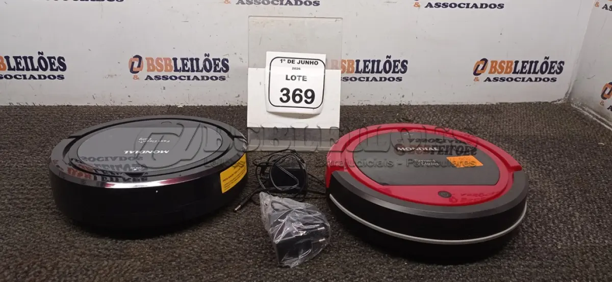 LOTE 369 - 02 ASPIRADORES ROBÔ MARCA MONDIAL. (NO ESTADO) ATENÇÃO! FAZER A VISITAÇÃO ANTES DE ARREMATAR, NÃO SABEMOS SE FUNCIONA, LEILÃO NÃO TEM GARANTIA E NEM DEVOLUÇÃO, SUJEITO A POSSÍVEIS AVARIAS VISÍVEIS/OCULTAS E/OU AUSÊNCIA DE COMPONENTES.