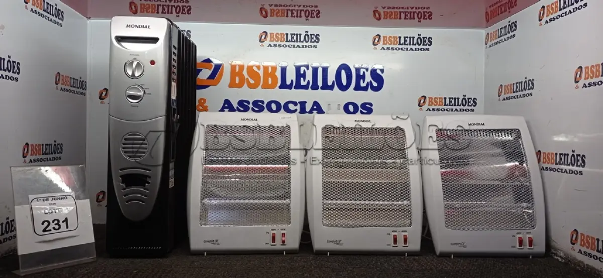 LOTE 231 - 04 AQUECEDORES DE MODELOS DIVERSOS MARCA MONDIAL. (NO ESTADO) ATENÇÃO! FAZER A VISITAÇÃO ANTES DE ARREMATAR, NÃO SABEMOS SE FUNCIONA, LEILÃO NÃO TEM GARANTIA E NEM DEVOLUÇÃO, SUJEITO A POSSÍVEIS AVARIAS VISÍVEIS/OCULTAS E/OU AUSÊNCIA DE COMPONENTES.