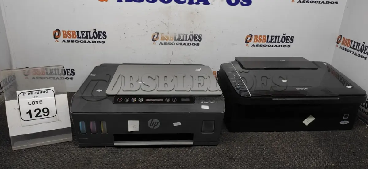 LOTE 129 - 01 IMPRESSORA MODELO SMART TANK 517 MARCA HP E 01 IMPRESSORA MODELO TX115 MARCA EPSON. (NO ESTADO) ATENÇÃO! FAZER A VISITAÇÃO ANTES DE ARREMATAR, NÃO SABEMOS SE FUNCIONA, LEILÃO NÃO TEM GARANTIA E NEM DEVOLUÇÃO, SUJEITO A POSSÍVEIS AVARIAS VISÍVEIS/OCULTAS E/OU AUSÊNCIA DE COMPONENTES.
