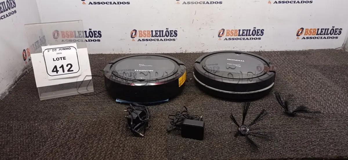 LOTE 412 - 02 ASPIRADORES ROBÔ MARCA MONDIAL. (NO ESTADO) ATENÇÃO! FAZER A VISITAÇÃO ANTES DE ARREMATAR, NÃO SABEMOS SE FUNCIONA, LEILÃO NÃO TEM GARANTIA E NEM DEVOLUÇÃO, SUJEITO A POSSÍVEIS AVARIAS VISÍVEIS/OCULTAS E/OU AUSÊNCIA DE COMPONENTES.