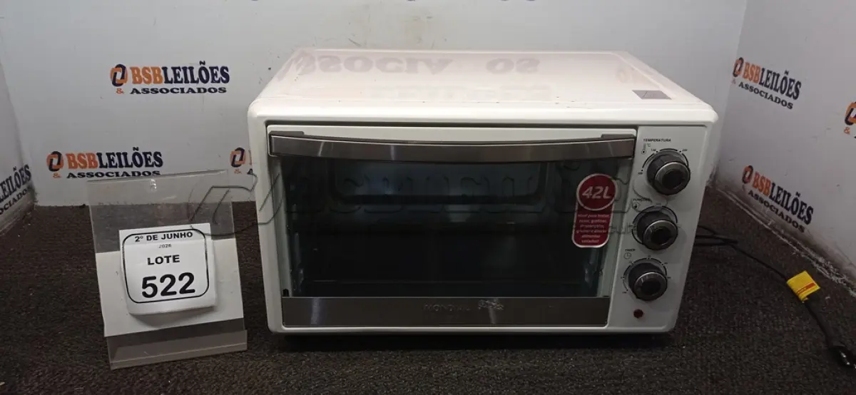 LOTE 522 - 01 FORNO ELÉTRICO 42L 220V MARCA MONDIAL. (NO ESTADO) ATENÇÃO! FAZER A VISITAÇÃO ANTES DE ARREMATAR, NÃO SABEMOS SE FUNCIONA, LEILÃO NÃO TEM GARANTIA E NEM DEVOLUÇÃO, SUJEITO A POSSÍVEIS AVARIAS VISÍVEIS/OCULTAS E/OU AUSÊNCIA DE COMPONENTES.