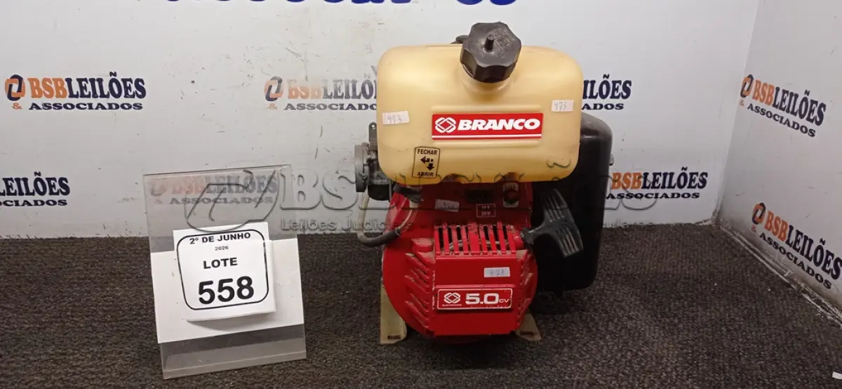 LOTE 558 - 01 MOTOR ESTACIONÁRIO 5.0CV 12V 20W A GASOLINA MARCA BRANCO. (NO ESTADO) ATENÇÃO! FAZER A VISITAÇÃO ANTES DE ARREMATAR, NÃO SABEMOS SE FUNCIONA, LEILÃO NÃO TEM GARANTIA E NEM DEVOLUÇÃO, SUJEITO A POSSÍVEIS AVARIAS VISÍVEIS/OCULTAS E/OU AUSÊNCIA DE COMPONENTES.