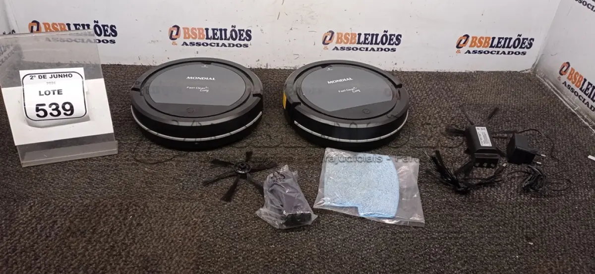 LOTE 539 - 02 ASPIRADORES ROBÔ MARCA MONDIAL. (NO ESTADO) ATENÇÃO! FAZER A VISITAÇÃO ANTES DE ARREMATAR, NÃO SABEMOS SE FUNCIONA, LEILÃO NÃO TEM GARANTIA E NEM DEVOLUÇÃO, SUJEITO A POSSÍVEIS AVARIAS VISÍVEIS/OCULTAS E/OU AUSÊNCIA DE COMPONENTES.