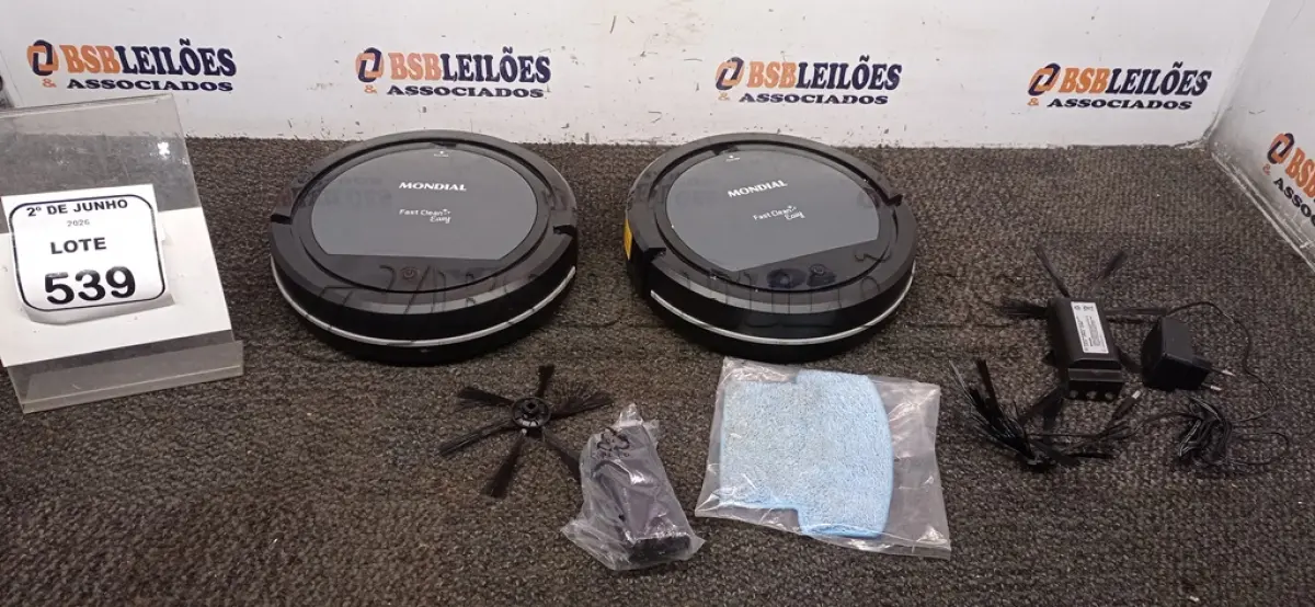 LOTE 539 - 02 ASPIRADORES ROBÔ MARCA MONDIAL. (NO ESTADO) ATENÇÃO! FAZER A VISITAÇÃO ANTES DE ARREMATAR, NÃO SABEMOS SE FUNCIONA, LEILÃO NÃO TEM GARANTIA E NEM DEVOLUÇÃO, SUJEITO A POSSÍVEIS AVARIAS VISÍVEIS/OCULTAS E/OU AUSÊNCIA DE COMPONENTES.