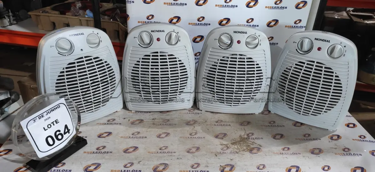 LOTE 064 - 04 AQUECEDORES MODELO A-08 220V MARCA MONDIAL. (NO ESTADO) ATENÇÃO! FAZER A VISITAÇÃO ANTES DE ARREMATAR, NÃO SABEMOS SE FUNCIONA, LEILÃO NÃO TEM GARANTIA E NEM DEVOLUÇÃO, SUJEITO A POSSÍVEIS AVARIAS VISÍVEIS/OCULTAS E/OU AUSÊNCIA DE COMPONENTES.