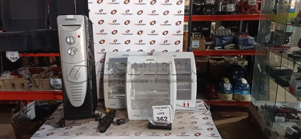 LOTE 362 - 04 AQUECEDORES DE MODELOS DIVERSOS MARCA MONDIAL. (NO ESTADO) ATENÇÃO! FAZER A VISITAÇÃO ANTES DE ARREMATAR, NÃO SABEMOS SE FUNCIONA, LEILÃO NÃO TEM GARANTIA E NEM DEVOLUÇÃO, SUJEITO A POSSÍVEIS AVARIAS VISÍVEIS/OCULTAS E/OU AUSÊNCIA DE COMPONENTES.