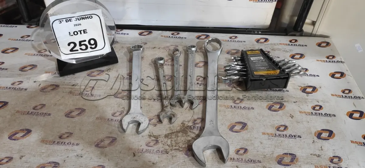 LOTE 259 - 01 JOGO DE CHAVE FIXAS DE AÇO CARBONO 8 PEÇAS 6X7 A 20X22MM MARCA HAMMER E  05 CHAVES COMBINADAS N* 32,23,17,16,15. (NO ESTADO) ATENÇÃO! FAZER A VISITAÇÃO ANTES DE ARREMATAR, NÃO SABEMOS SE FUNCIONA, LEILÃO NÃO TEM GARANTIA E NEM DEVOLUÇÃO, SUJEITO A POSSÍVEIS AVARIAS VISÍVEIS/OCULTAS E/OU AUSÊNCIA DE COMPONENTES.
