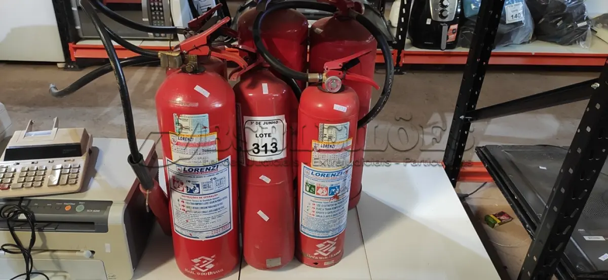 LOTE 313 - 07 EXTINTORES DE TAMANHOS DIVERSOS. (NO ESTADO) ATENÇÃO! FAZER A VISITAÇÃO ANTES DE ARREMATAR, NÃO SABEMOS SE FUNCIONA, LEILÃO NÃO TEM GARANTIA E NEM DEVOLUÇÃO, SUJEITO A POSSÍVEIS AVARIAS VISÍVEIS/OCULTAS E/OU AUSÊNCIA DE COMPONENTES.