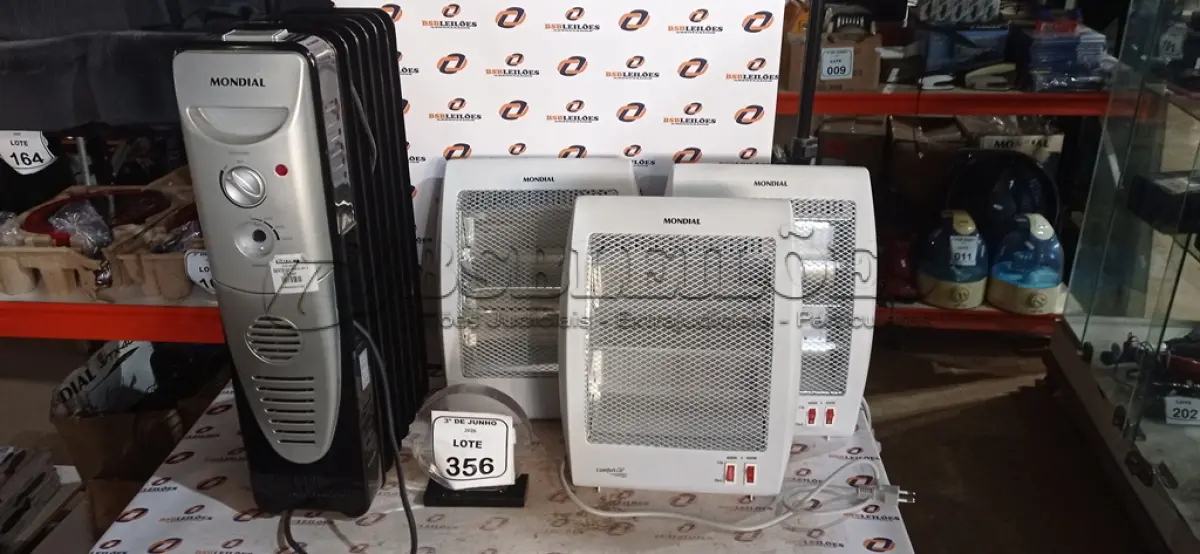 LOTE 356 - 04 AQUECEDORES DE MODELOS DIVERSOS MARCA MONDIAL. (NO ESTADO) ATENÇÃO! FAZER A VISITAÇÃO ANTES DE ARREMATAR, NÃO SABEMOS SE FUNCIONA, LEILÃO NÃO TEM GARANTIA E NEM DEVOLUÇÃO, SUJEITO A POSSÍVEIS AVARIAS VISÍVEIS/OCULTAS E/OU AUSÊNCIA DE COMPONENTES.