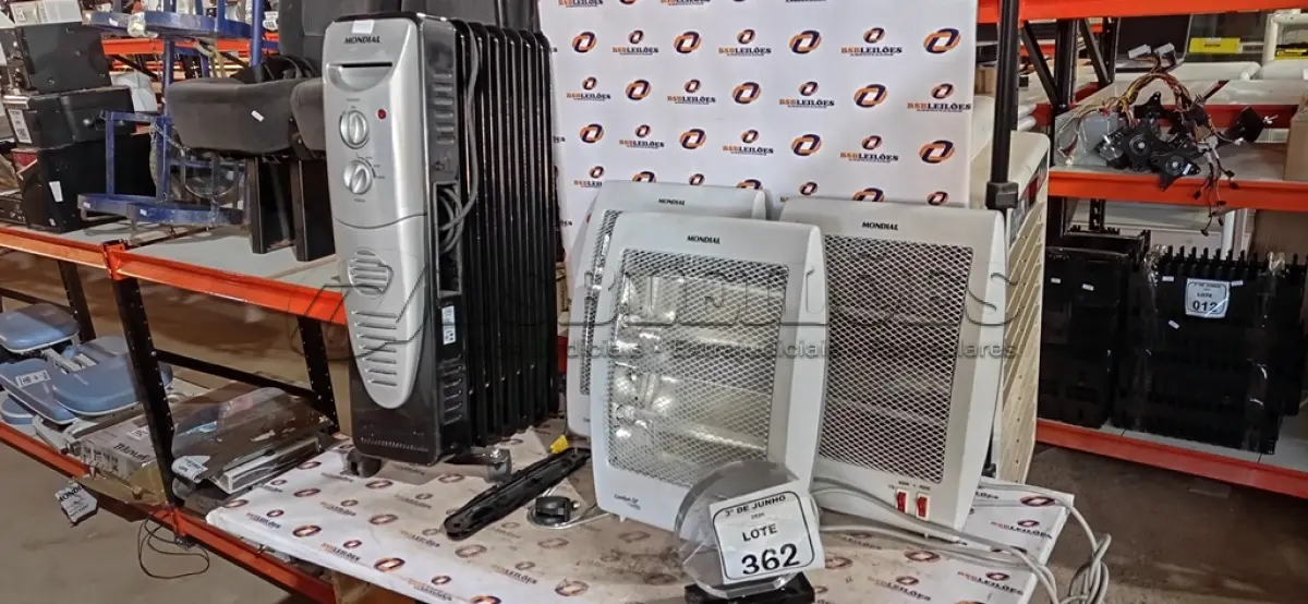 LOTE 362 - 04 AQUECEDORES DE MODELOS DIVERSOS MARCA MONDIAL. (NO ESTADO) ATENÇÃO! FAZER A VISITAÇÃO ANTES DE ARREMATAR, NÃO SABEMOS SE FUNCIONA, LEILÃO NÃO TEM GARANTIA E NEM DEVOLUÇÃO, SUJEITO A POSSÍVEIS AVARIAS VISÍVEIS/OCULTAS E/OU AUSÊNCIA DE COMPONENTES.