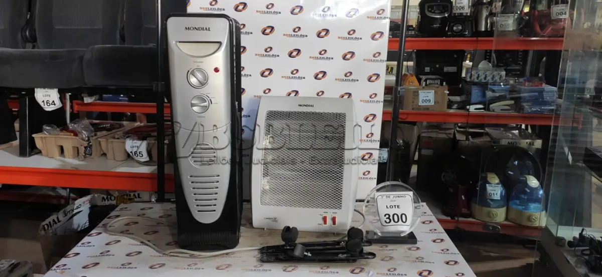 LOTE 300 - 02 AQUECEDORES220V MARCA MONDIAL. (NO ESTADO) ATENÇÃO! FAZER A VISITAÇÃO ANTES DE ARREMATAR, NÃO SABEMOS SE FUNCIONA, LEILÃO NÃO TEM GARANTIA E NEM DEVOLUÇÃO, SUJEITO A POSSÍVEIS AVARIAS VISÍVEIS/OCULTAS E/OU AUSÊNCIA DE COMPONENTES.