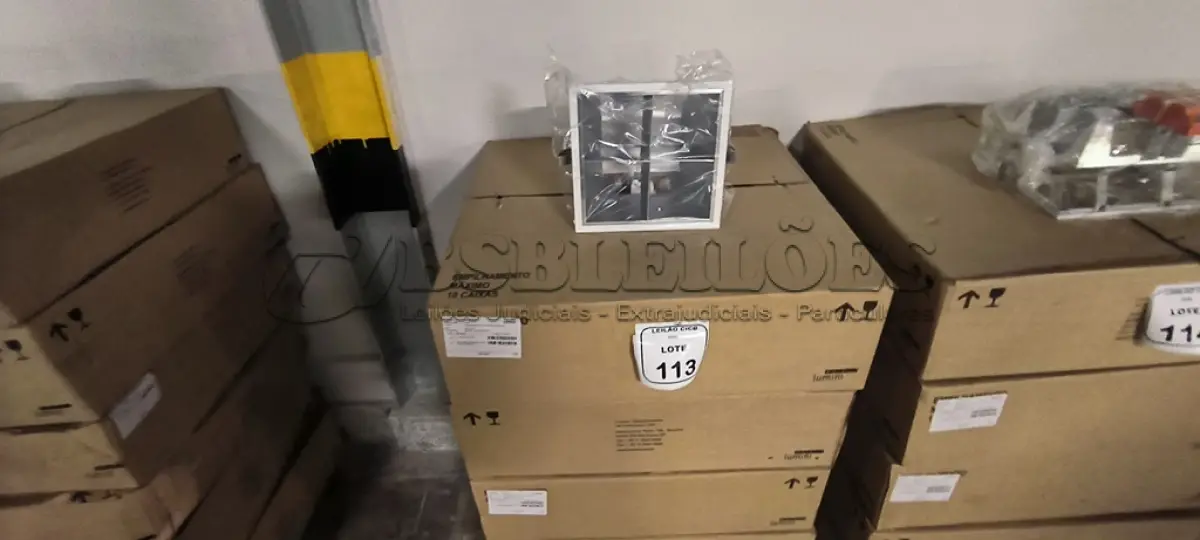 LOTE 113 - 05 CAIXAS COM 04 LUMINÁRIAS COM REATORES ELETRÔNICOS. (NO ESTADO) ATENÇÃO! FAZER A VISITAÇÃO ANTES DE ARREMATAR, NÃO SABEMOS SE FUNCIONA, LEILÃO NÃO TEM GARANTIA E NEM DEVOLUÇÃO, SUJEITO A POSSÍVEIS AVARIAS VISÍVEIS/OCULTAS E/OU AUSÊNCIA DE COMPONENTES.