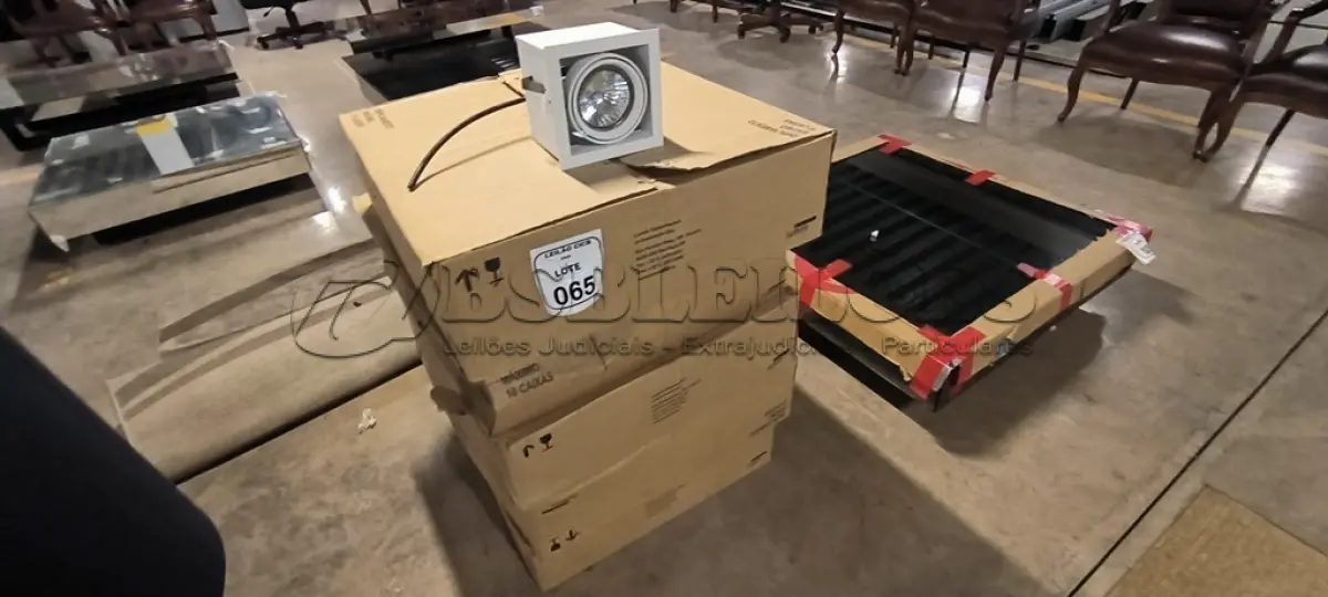 LOTE 065 - 05 CAIXAS COM 09 LUMINÁRIAS SPOT DE EMBUTIR QUADRADO FOCUS 30 A BRANCO FOSCO.  (NO ESTADO) ATENÇÃO! FAZER A VISITAÇÃO ANTES DE ARREMATAR, NÃO SABEMOS SE FUNCIONA, LEILÃO NÃO TEM GARANTIA E NEM DEVOLUÇÃO, SUJEITO A POSSÍVEIS AVARIAS VISÍVEIS/OCULTAS E/OU AUSÊNCIA DE COMPONENTES.