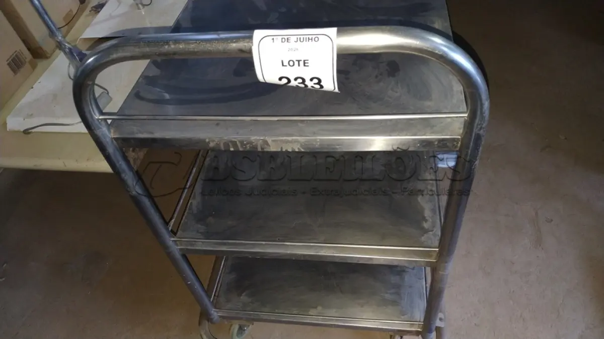 LOTE 233 - 01 CARRINHO DE CARGAS COM 03 PRATELEIRAS EM INOX. (NO ESTADO) ATENÇÃO! FAZER A VISITAÇÃO ANTES DE ARREMATAR, NÃO SABEMOS SE FUNCIONA, LEILÃO NÃO TEM GARANTIA E NEM DEVOLUÇÃO, SUJEITO A POSSÍVEIS AVARIAS VISÍVEIS/OCULTAS E/OU AUSÊNCIA DE COMPONENTES.