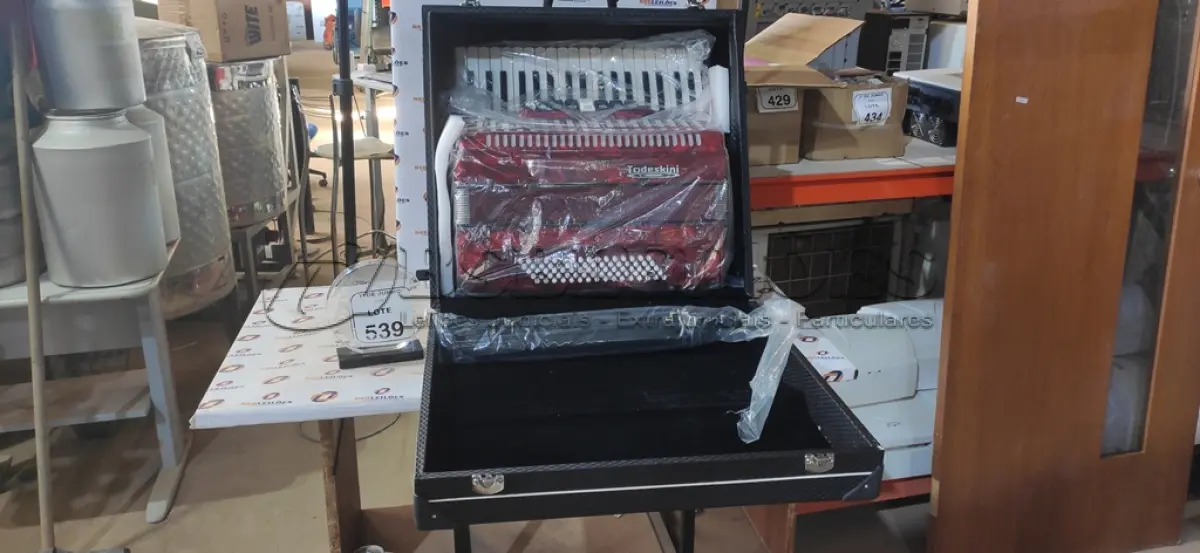 LOTE 539 - 01 ACORDEOM NA COR VERMELHA VIBRANTE MARCA TODESKINI COM CASE. (NO ESTADO) ATENÇÃO! FAZER A VISITAÇÃO ANTES DE ARREMATAR, NÃO SABEMOS SE FUNCIONA, LEILÃO NÃO TEM GARANTIA E NEM DEVOLUÇÃO, SUJEITO A POSSÍVEIS AVARIAS VISÍVEIS/OCULTAS E/OU AUSÊNCIA DE COMPONENTES.