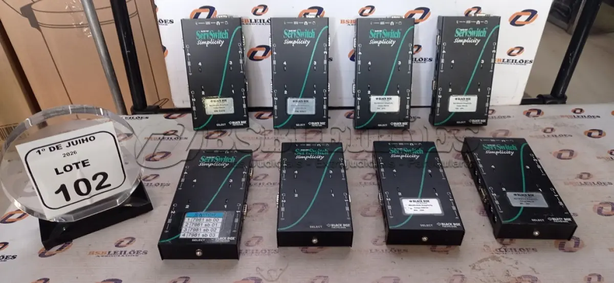 LOTE 102 - 08 SWITCHS KVM 04 PORTAS MODELO SERVSWITCH MARCA BLACK BOX. (NO ESTADO) ATENÇÃO! FAZER A VISITAÇÃO ANTES DE ARREMATAR, NÃO SABEMOS SE FUNCIONA, LEILÃO NÃO TEM GARANTIA E NEM DEVOLUÇÃO, SUJEITO A POSSÍVEIS AVARIAS VISÍVEIS/OCULTAS E/OU AUSÊNCIA DE COMPONENTES.