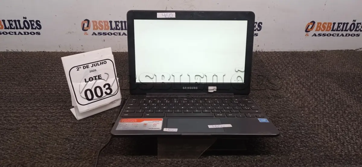 LOTE 003 - 01 CROMEBOOK LINHA CONNECT MEMÓRIA 2GB, 16GB E.MMC TELA DE 11.6’’ MARCA SAMSUNG COM FONTE. (NO ESTADO) ATENÇÃO! FAZER A VISITAÇÃO ANTES DE ARREMATAR, NÃO SABEMOS SE FUNCIONA, LEILÃO NÃO TEM GARANTIA E NEM DEVOLUÇÃO, SUJEITO A POSSÍVEIS AVARIAS VISÍVEIS/OCULTAS E/OU AUSÊNCIA DE COMPONENTES.