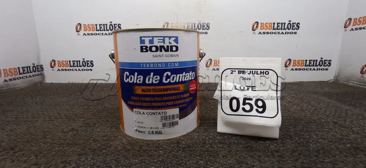LOTE 059 - 01 LATA DE COLA DE CONTATO DE 2,8KG MARCA TEK BOND. (NO ESTADO) ATENÇÃO! FAZER A VISITAÇÃO ANTES DE ARREMATAR, NÃO SABEMOS SE FUNCIONA, LEILÃO NÃO TEM GARANTIA E NEM DEVOLUÇÃO, SUJEITO A POSSÍVEIS AVARIAS VISÍVEIS/OCULTAS E/OU AUSÊNCIA DE COMPONENTES.