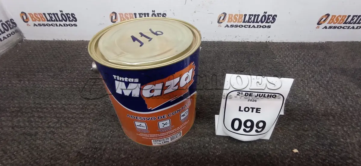LOTE 099 - 01 LATA DE ADESIVO DE CONTATO 2,80KG MARCA MAZA. (NO ESTADO) ATENÇÃO! FAZER A VISITAÇÃO ANTES DE ARREMATAR, NÃO SABEMOS SE FUNCIONA, LEILÃO NÃO TEM GARANTIA E NEM DEVOLUÇÃO, SUJEITO A POSSÍVEIS AVARIAS VISÍVEIS/OCULTAS E/OU AUSÊNCIA DE COMPONENTES.