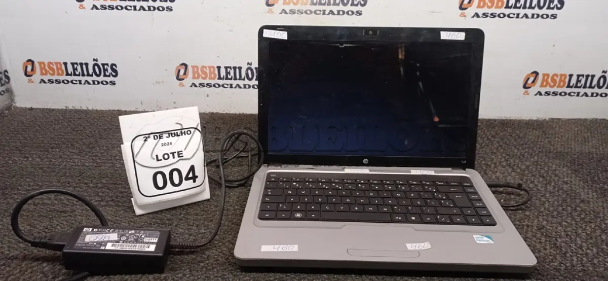 LOTE 004 - 01 NOTEBOOK MARCA HP COM FONTE. (NO ESTADO) ATENÇÃO! FAZER A VISITAÇÃO ANTES DE ARREMATAR, NÃO SABEMOS SE FUNCIONA, LEILÃO NÃO TEM GARANTIA E NEM DEVOLUÇÃO, SUJEITO A POSSÍVEIS AVARIAS VISÍVEIS/OCULTAS E/OU AUSÊNCIA DE COMPONENTES.
