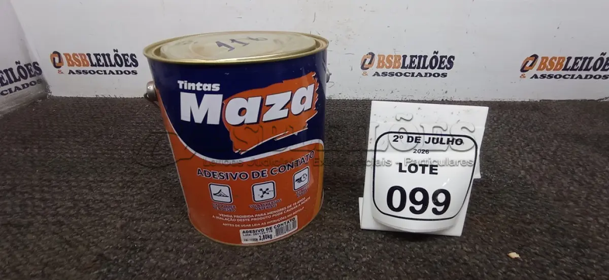 LOTE 099 - 01 LATA DE ADESIVO DE CONTATO 2,80KG MARCA MAZA. (NO ESTADO) ATENÇÃO! FAZER A VISITAÇÃO ANTES DE ARREMATAR, NÃO SABEMOS SE FUNCIONA, LEILÃO NÃO TEM GARANTIA E NEM DEVOLUÇÃO, SUJEITO A POSSÍVEIS AVARIAS VISÍVEIS/OCULTAS E/OU AUSÊNCIA DE COMPONENTES.