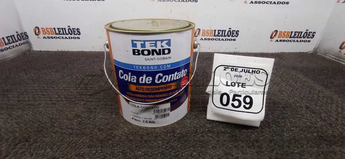 LOTE 059 - 01 LATA DE COLA DE CONTATO DE 2,8KG MARCA TEK BOND. (NO ESTADO) ATENÇÃO! FAZER A VISITAÇÃO ANTES DE ARREMATAR, NÃO SABEMOS SE FUNCIONA, LEILÃO NÃO TEM GARANTIA E NEM DEVOLUÇÃO, SUJEITO A POSSÍVEIS AVARIAS VISÍVEIS/OCULTAS E/OU AUSÊNCIA DE COMPONENTES.