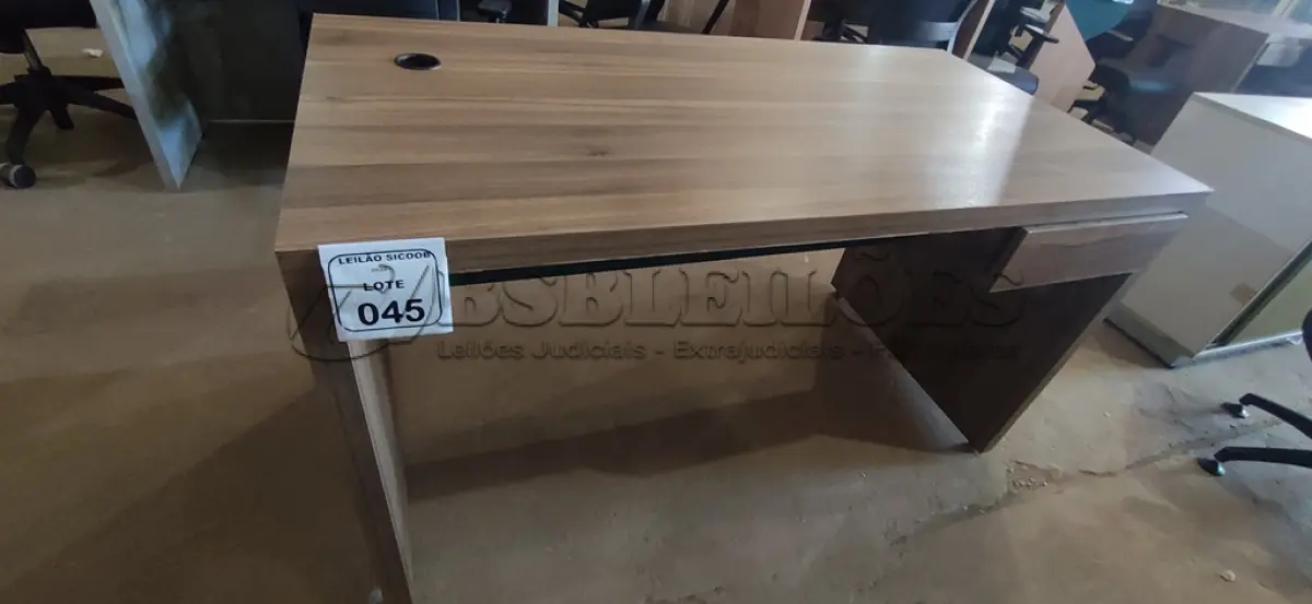 LOTE 045 - 01 MESA EM MADEIRA PARA ESCRITÓRIO COM GAVETA. (NO ESTADO) ATENÇÃO! FAZER A VISITAÇÃO ANTES DE ARREMATAR, NÃO SABEMOS SE FUNCIONA, LEILÃO NÃO TEM GARANTIA E NEM DEVOLUÇÃO, SUJEITO A POSSÍVEIS AVARIAS VISÍVEIS/OCULTAS E/OU AUSÊNCIA DE COMPONENTES.