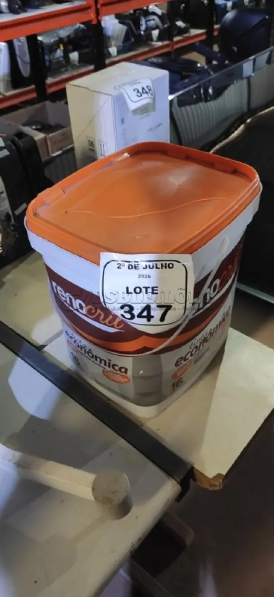 LOTE 347 - 01 BALDE DE TINTA ECONÔMICA 16L NA COR BRANCO NEVE MARCA RENOCRIL. (NO ESTADO) ATENÇÃO! FAZER A VISITAÇÃO ANTES DE ARREMATAR, NÃO SABEMOS SE FUNCIONA, LEILÃO NÃO TEM GARANTIA E NEM DEVOLUÇÃO, SUJEITO A POSSÍVEIS AVARIAS VISÍVEIS/OCULTAS E/OU AUSÊNCIA DE COMPONENTES.