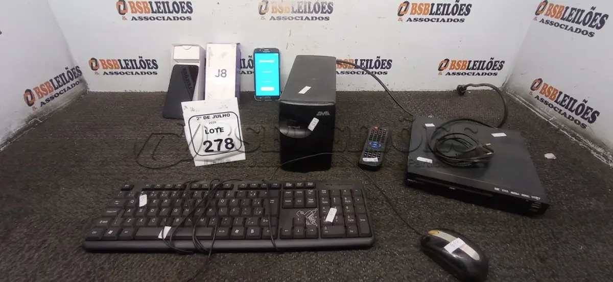 LOTE 278 - 01 NOBREAK 1.000VA MARCA SMS, 02 CELULARES MARCA SAMSUNG, 01 APARELHO DVD MARCA MULTILASER, 01 TECLADO DE PC E 01 MOUSE. (NO ESTADO) ATENÇÃO! FAZER A VISITAÇÃO ANTES DE ARREMATAR, NÃO SABEMOS SE FUNCIONA, LEILÃO NÃO TEM GARANTIA E NEM DEVOLUÇÃO, SUJEITO A POSSÍVEIS AVARIAS VISÍVEIS/OCULTAS E/OU AUSÊNCIA DE COMPONENTES.