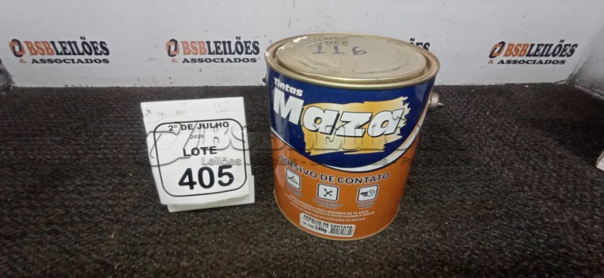 LOTE 405 - 01 LATA DE ADESIVO DE CONTATO 2,80KG MARCA MAZA. (NO ESTADO) ATENÇÃO! FAZER A VISITAÇÃO ANTES DE ARREMATAR, NÃO SABEMOS SE FUNCIONA, LEILÃO NÃO TEM GARANTIA E NEM DEVOLUÇÃO, SUJEITO A POSSÍVEIS AVARIAS VISÍVEIS/OCULTAS E/OU AUSÊNCIA DE COMPONENTES.