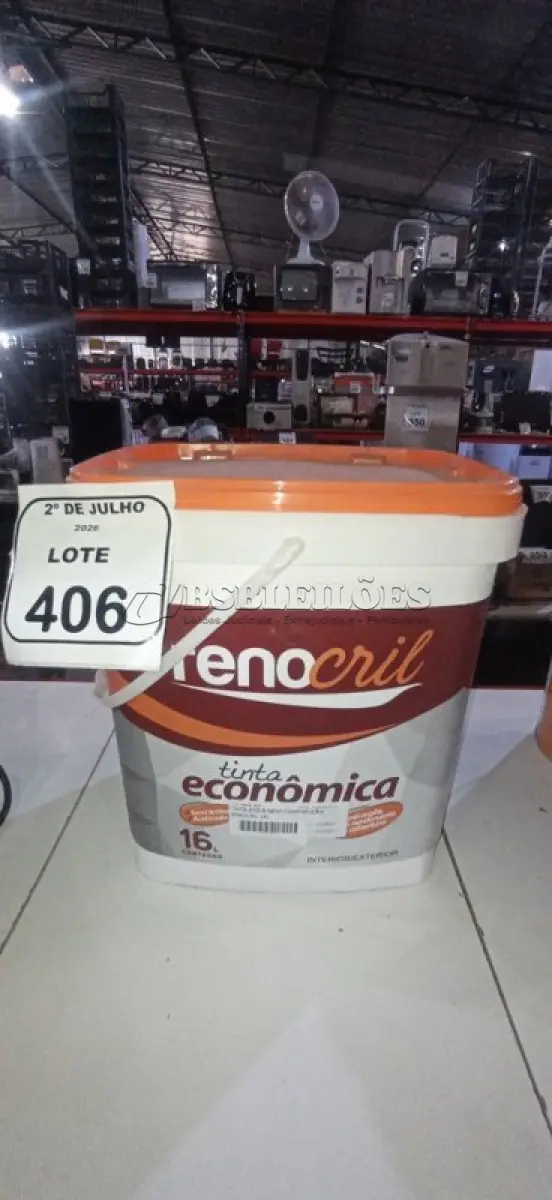LOTE 406 - 01 BALDE DE TINTA ECONÔMICA 16L NA COR BRANCO NEVE MARCA RENOCRIL. (NO ESTADO) ATENÇÃO! FAZER A VISITAÇÃO ANTES DE ARREMATAR, NÃO SABEMOS SE FUNCIONA, LEILÃO NÃO TEM GARANTIA E NEM DEVOLUÇÃO, SUJEITO A POSSÍVEIS AVARIAS VISÍVEIS/OCULTAS E/OU AUSÊNCIA DE COMPONENTES.
