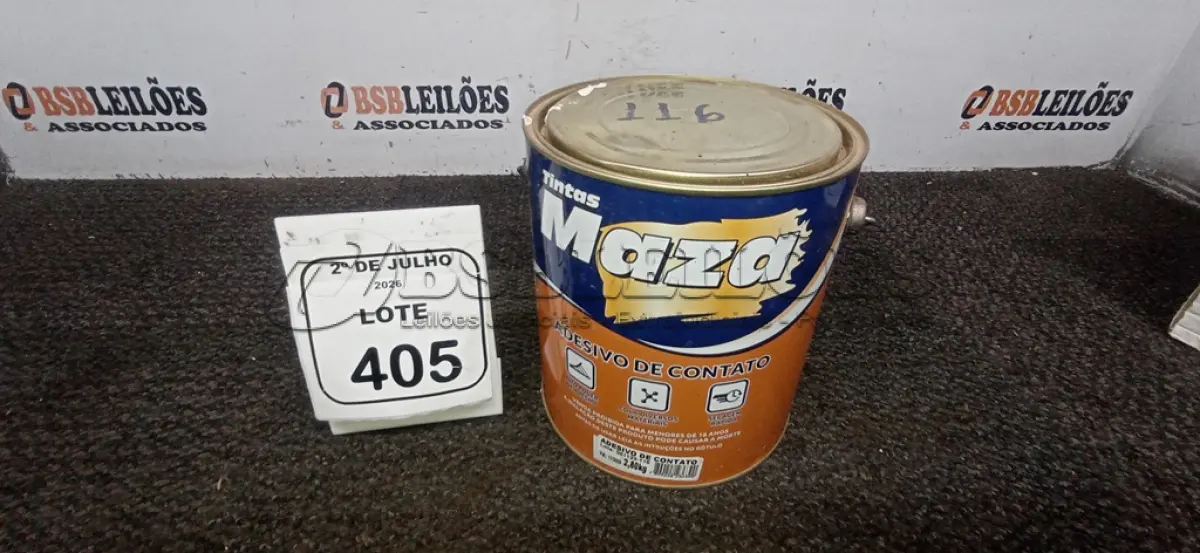 LOTE 405 - 01 LATA DE ADESIVO DE CONTATO 2,80KG MARCA MAZA. (NO ESTADO) ATENÇÃO! FAZER A VISITAÇÃO ANTES DE ARREMATAR, NÃO SABEMOS SE FUNCIONA, LEILÃO NÃO TEM GARANTIA E NEM DEVOLUÇÃO, SUJEITO A POSSÍVEIS AVARIAS VISÍVEIS/OCULTAS E/OU AUSÊNCIA DE COMPONENTES.